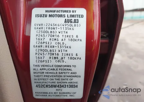 2003 Isuzu Rodeo S 3.2L V6 z USA, uszkodzony, nr VIN 4S2CK58W434313034